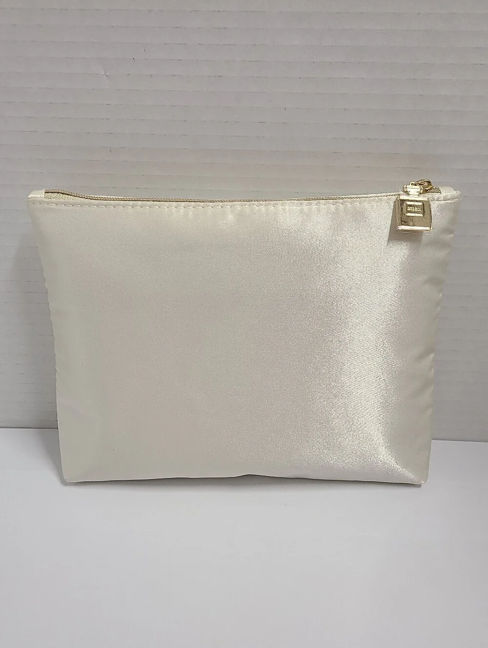 CHANEL Coco Mademoiselle Ivory Satin Makeup Pouch Silver Sequin Logo Gold Charm